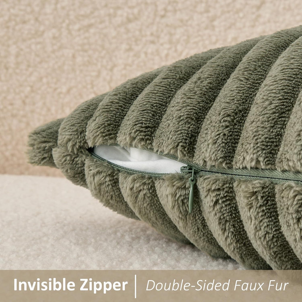 Kevin Textile Soft Plush 12x20 Inch Lumbar Pillow Cover 1 Pack, Luxury Fluffy Faux Fur Striped Flannel Rectangle Cushion Case for Couch Sofa Chair Bed Home Decor, Olive Green