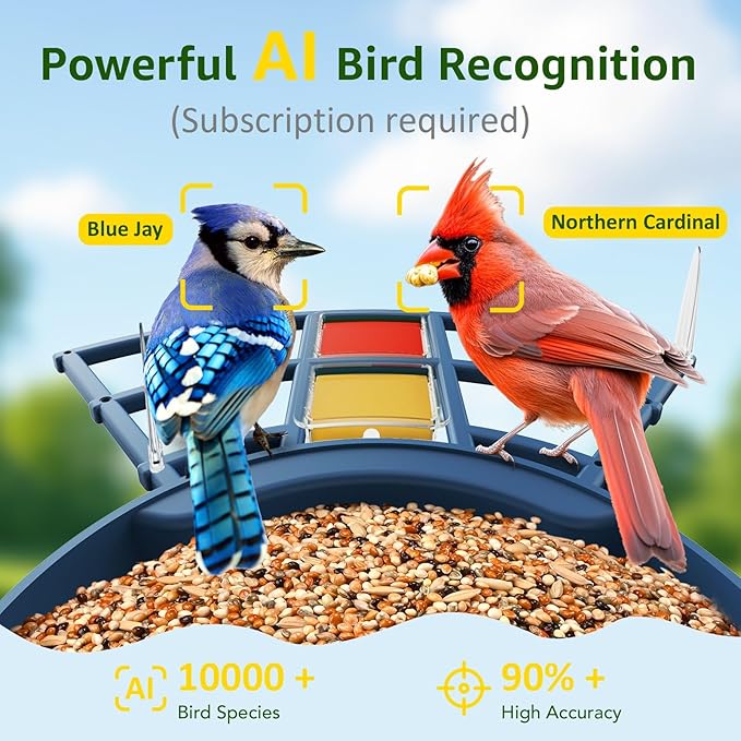 PeckCam® Smart Bird Feeder with Camera 2K HD Auto Detect & Notify, AI Identify 10000+ Birds Camera with Solar Panel 5 Perch Attachments Wireless Outdoor Birdwatching Gift for Birds Lover, Blue