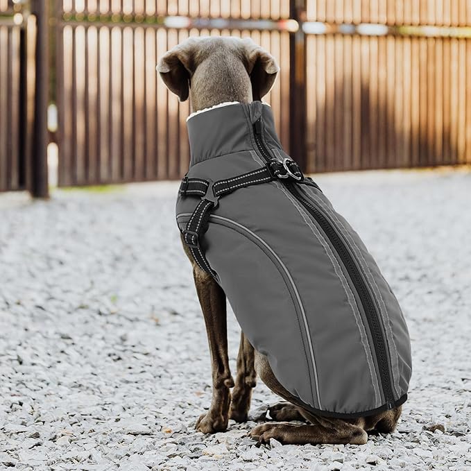 Dog Winter Coat with Harness Built in Warm Puffer Dog Jackets for Small Medium Large Dogs Windproof Waterproof Outfit with Plush Lining and Reflective Stripes (Grey, L)