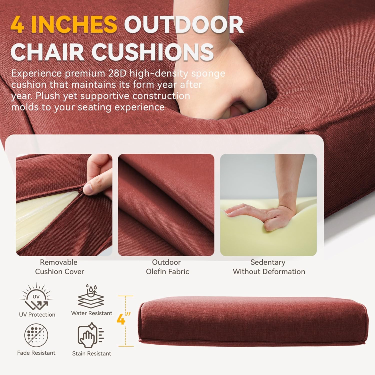 Patio Cushions for Outdoor Furniture - 22" x 25" x 4" UV Resistant Thick Foam Cushions Water Resistant Replacement Cushion for Outdoor Patio Furniture Chair/Sofa/Couch | Red | 5-Pack |
