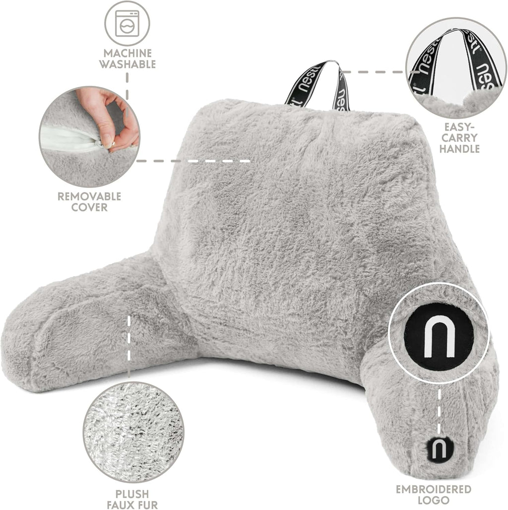 Nestl Fur Reading Pillow, Stylish Back Pillow for Bed Sitting Up, Faux Fur Bed Chair Pillow with Arms, Reading Pillows for Sitting in Bed Adult & Kids, Back Support Pillow for Bed Rest - Light Grey