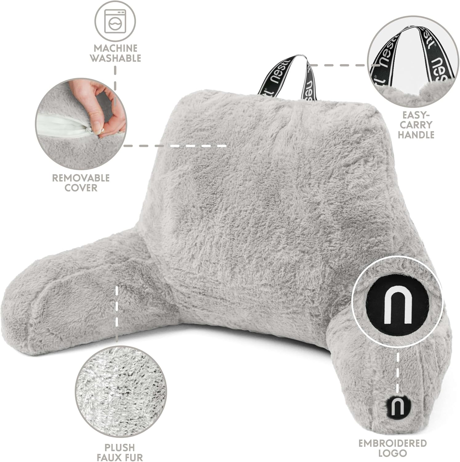 Nestl Fur Reading Pillow, Stylish Back Pillow for Bed Sitting Up, Faux Fur Bed Chair Pillow with Arms, Reading Pillows for Sitting in Bed Adult & Kids, Back Support Pillow for Bed Rest - Light Grey