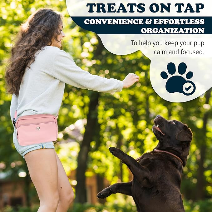 Puppington 3-in-1 Crossbody Dog Walking Bag & Treat Pouch with Matching Planet Safe Poop Bags & Built-In Dispenser - Zippered Pockets (Blush Pink)