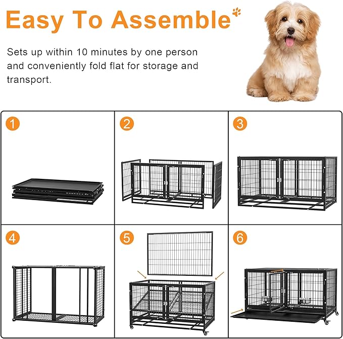 48/43 inch Heavy Duty Dog Crate with Divider for Large Dogs, Stackable Dog Kennels and Metal Wire Cages with Feeding Bowls, Leak-Proof Pans, Removable Wire Trays, Extra Large XL XXL