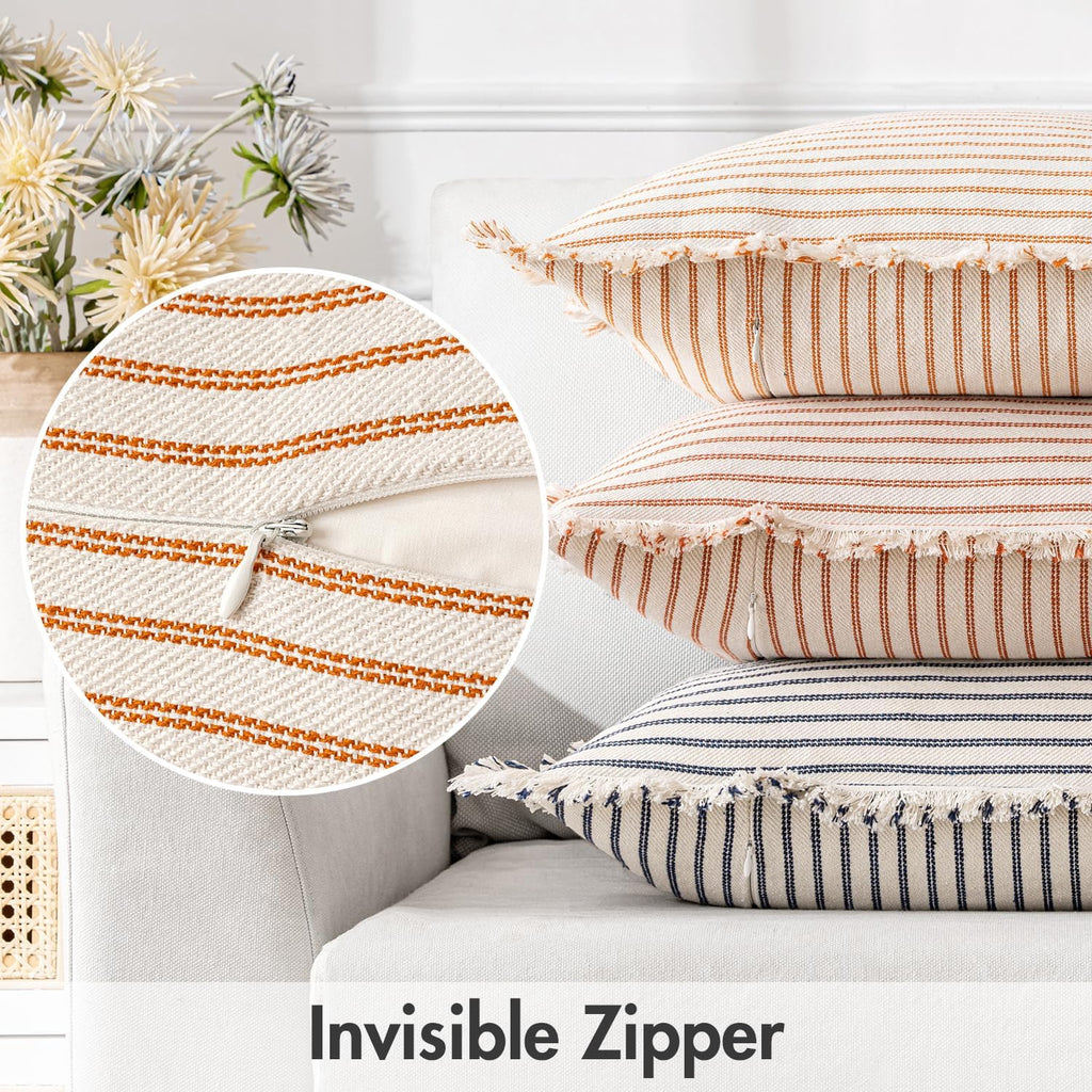 MIULEE Pack of 2 Orange Pillow Covers26x26 Inch Striped Farmhouse Couch Throw Pillow Covers with Fringe Chic Linen Decorative Cushion Covers for Halloween Sofa Living Room Bed Outdoor Home Decor
