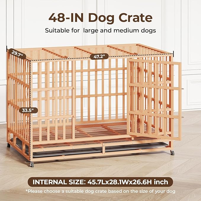 48IN Heavy Duty Dog Crate Steel Escape Proof, Indoor Double Door High Anxiety Cage Removable Tray, Extra Large,Orange