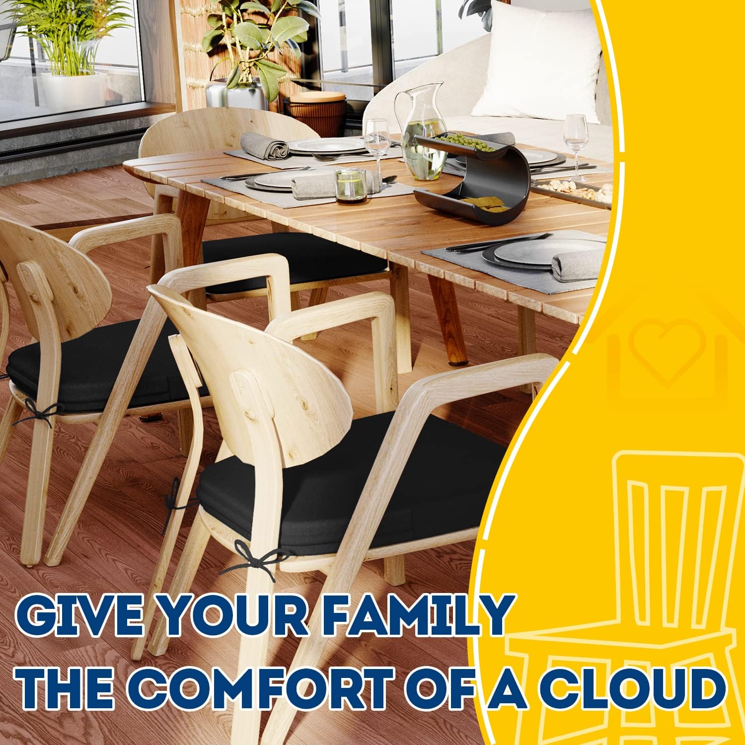 AAAAAcessories D-Shaped Chair Cushions, 2" Thick Dining Chair Pads with Ties and Removable, Machine-Washable Cover, 17" x 16", Set of 2, Black