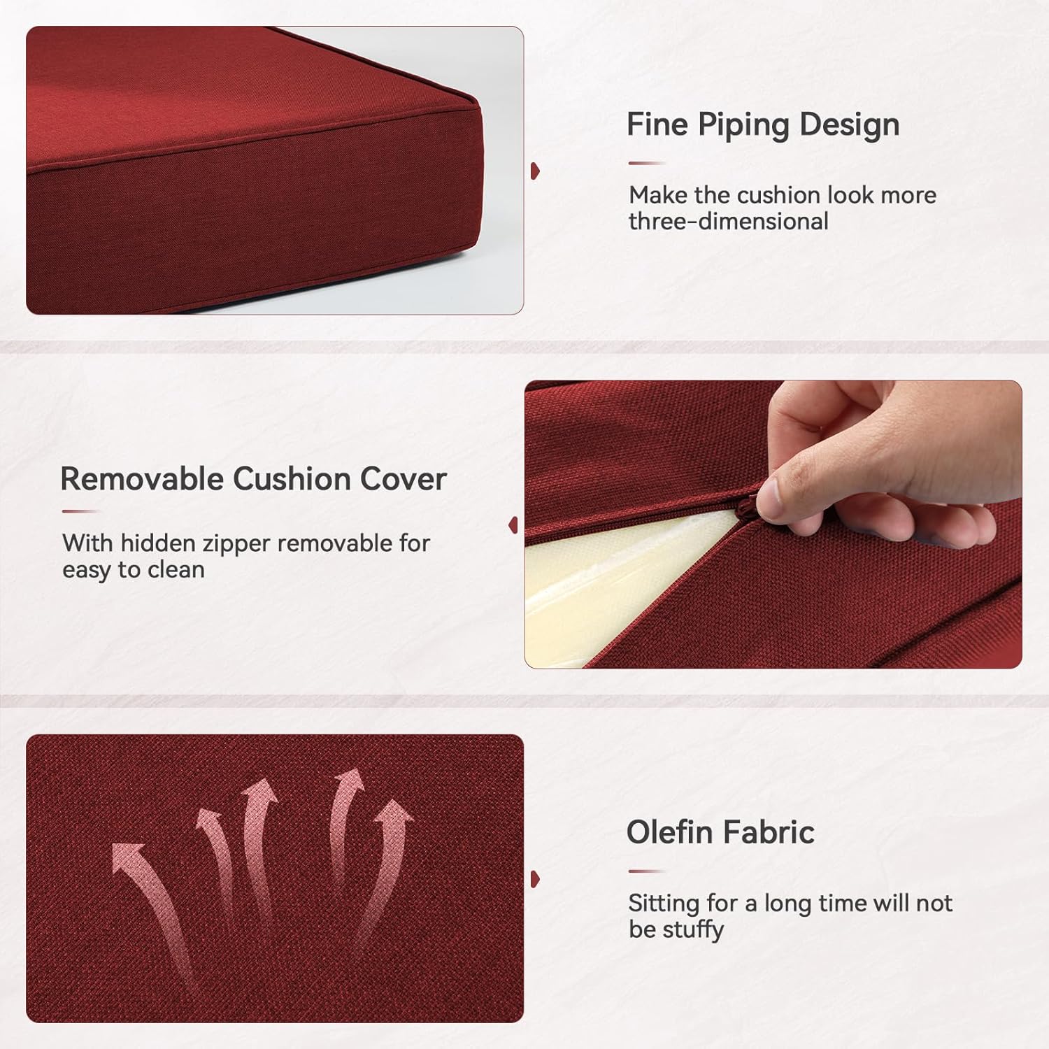 6" Thick Outdoor Cushions 22x24x6, 3-Set Deep Seat Patio Cushions with Removable Cover, Waterproof & Fade Resistant Replacement for Wicker Chair, Loveseat, Sofa - Red