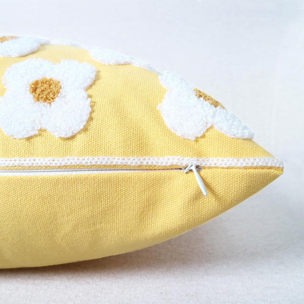 DECOBIRD Embroidery Throw Pillow Cover 18x18 Light Yellow Floral Design Home Decor Loop Embroidered Pillow Case Thick Cotton Canvas Square Cushion Cover for Couch 45x45cm, 4 Petal Flowers 1 Piece