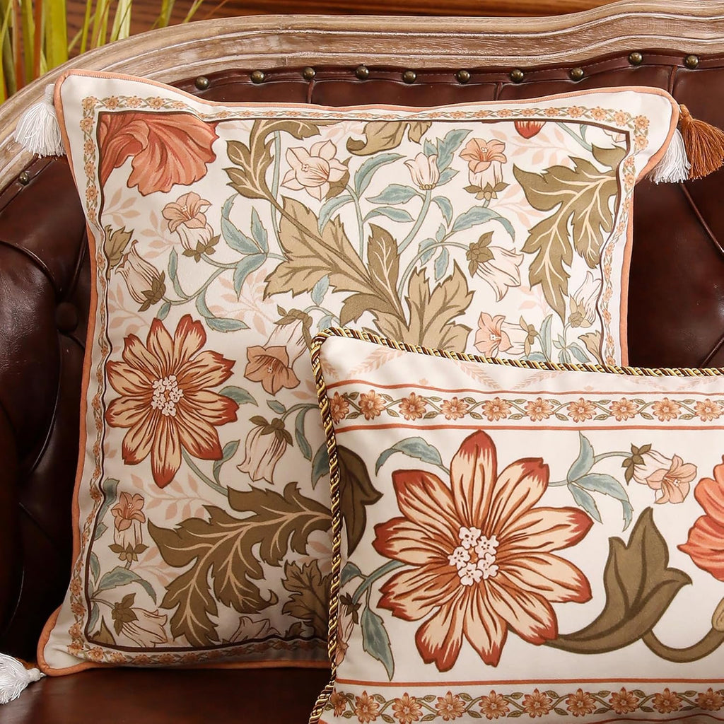 Velvet Square Vintage Throw Pillow Covers,Orange Floral with Wild Flowers Pattern Cozy Pillowcases,Decoration Pillows Cover for Couch Sofa Bed Car Chair Thanksgiving,18"x18"