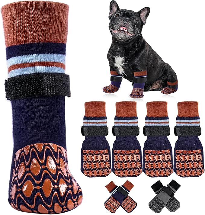 Kuoser Non Slip Dog Socks for Hardwood Floors, 4Pack Anti-Slip Dog Grippy Socks to Prevent Licking Paws, Dogs Booties Paw Protectors with Double-Sided Traction for Small Medium Large Senior Dogs, XS