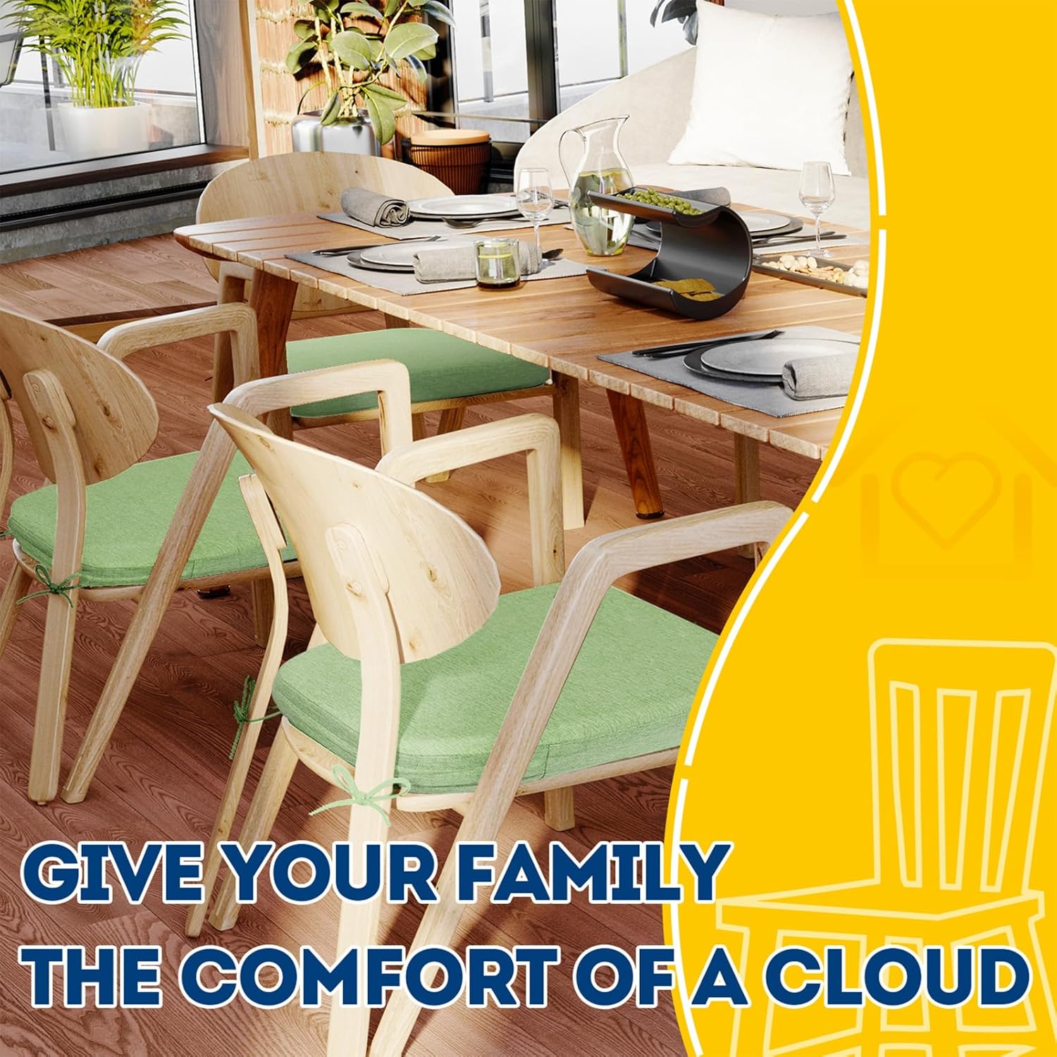 AAAAAcessories D-Shaped Chair Cushions, 2" Thick Dining Chair Pads with Ties and Removable, Machine-Washable Cover, 17" x 16", Set of 4, Pear Green