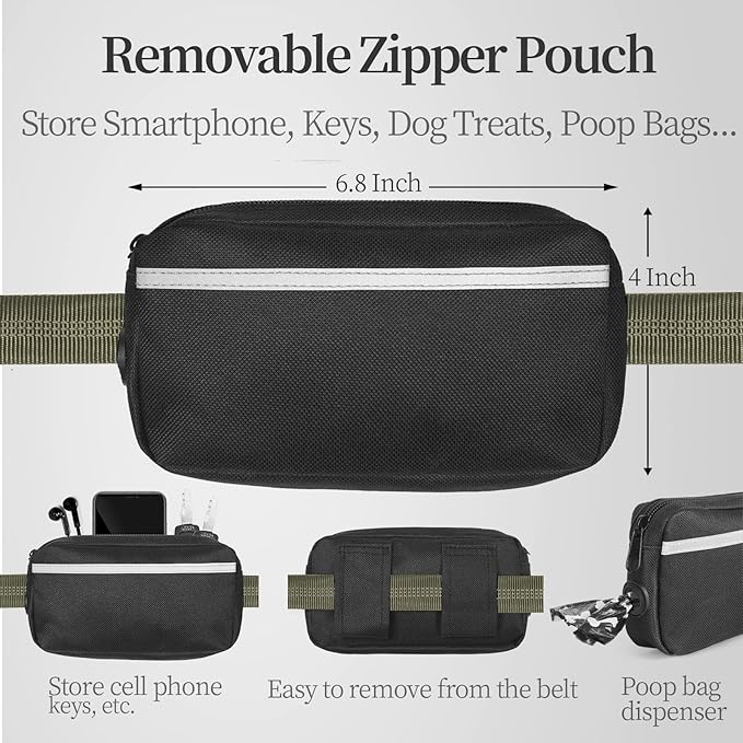 iYoShop Hands Free Dog Leash with Zipper Pouch, Dual Padded Handles and Durable Bungee for Walking, Jogging and Running Your Dog (Large, 25-120 lbs, Military Green)