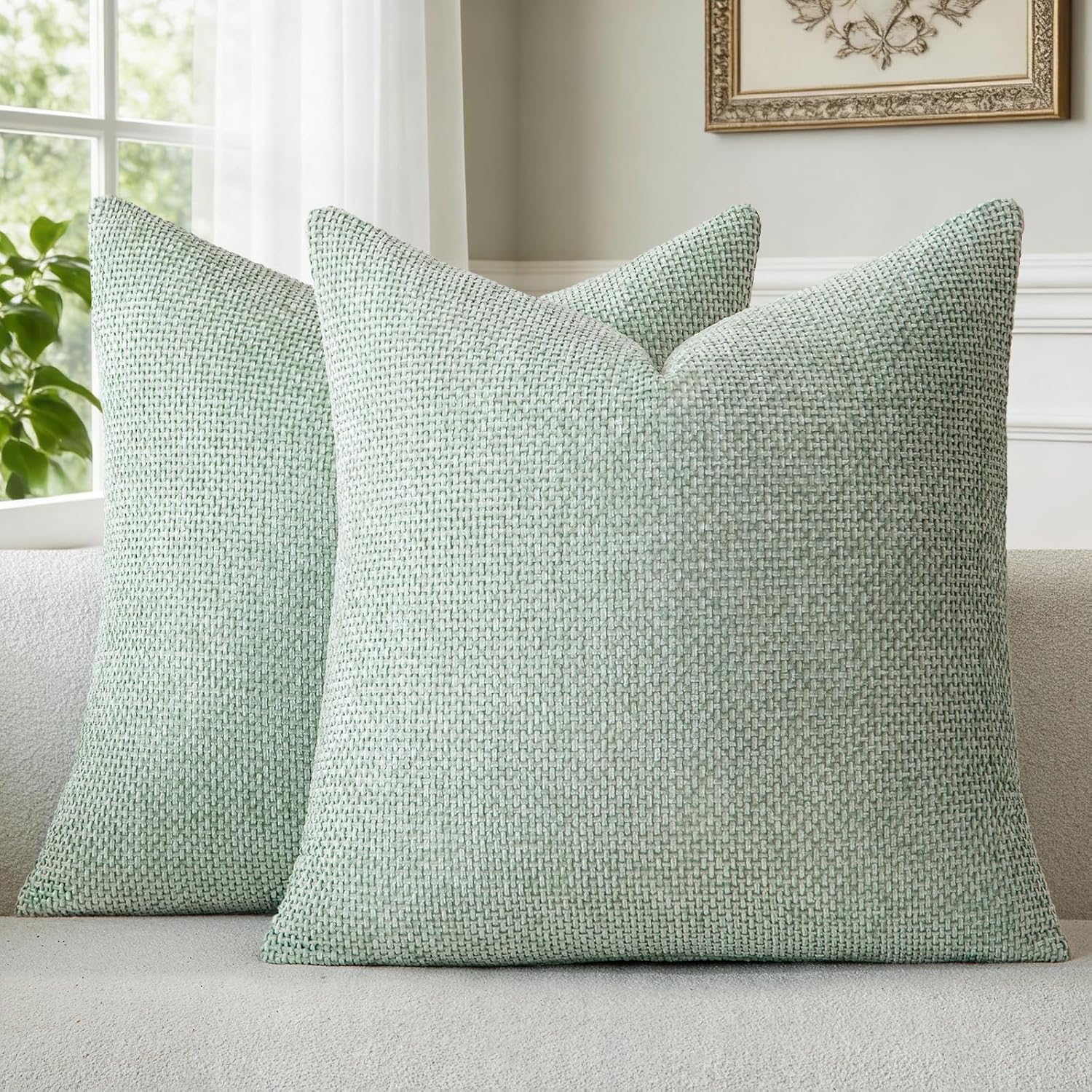 a moment Light Green Chenille Throw Pillow Covers 20x20 Inch Pack of 2 Modern Decorative Throw Pillow Covers Farmhouse Cross Covers Home Decor for Sofa Bedroom Living Room Spring