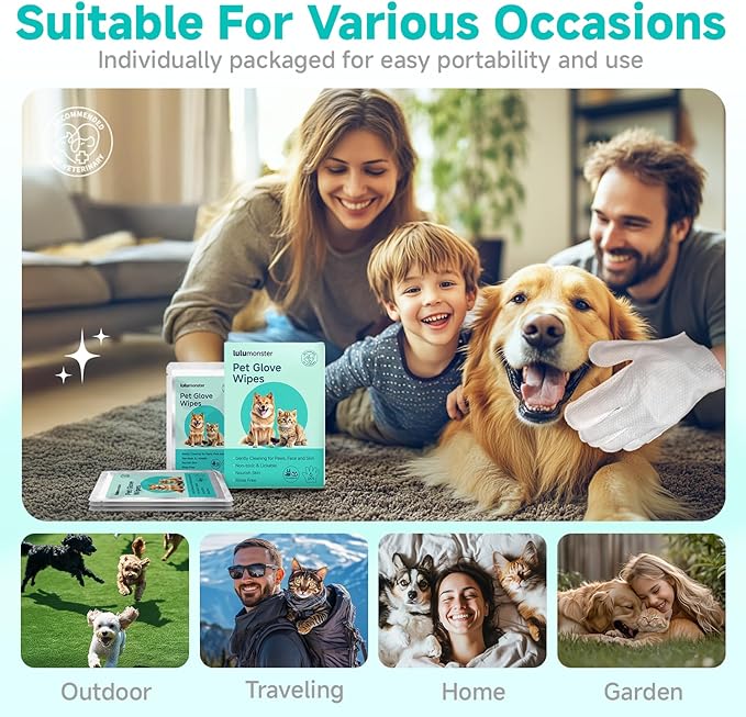 Pet Glove Wipes for Dogs and Cats [Individually Wrapped][Hypoallergenic Cleaning & Deodorising] Glove Bathing Wipes Moisture-rich Thickened Gloves for Daily Care, Traveling, Rinse Free Grooming Wipes