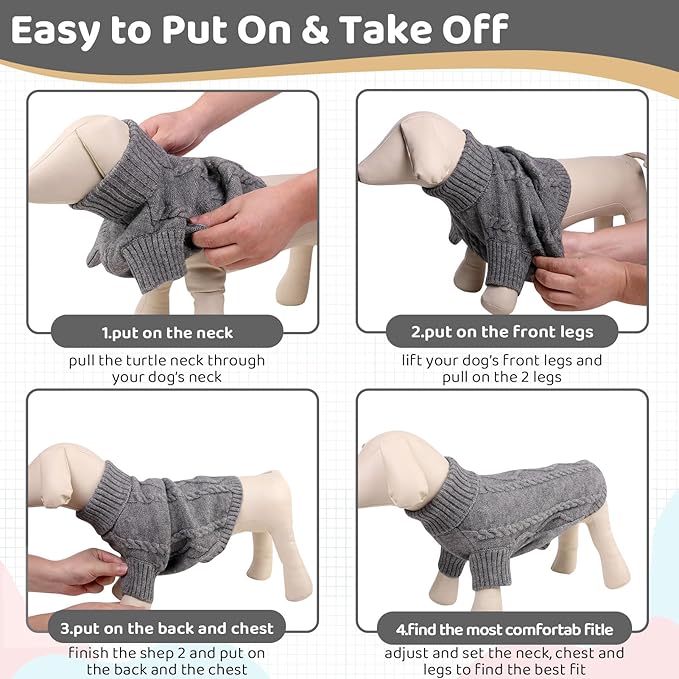 Queenmore Small Dog Pullover Sweater, Cold Weather Cable Knitwear, Classic Turtleneck Thick Warm Clothes for Chihuahua, Bulldog, Dachshund, Pug (Slate Grey, X-Large)