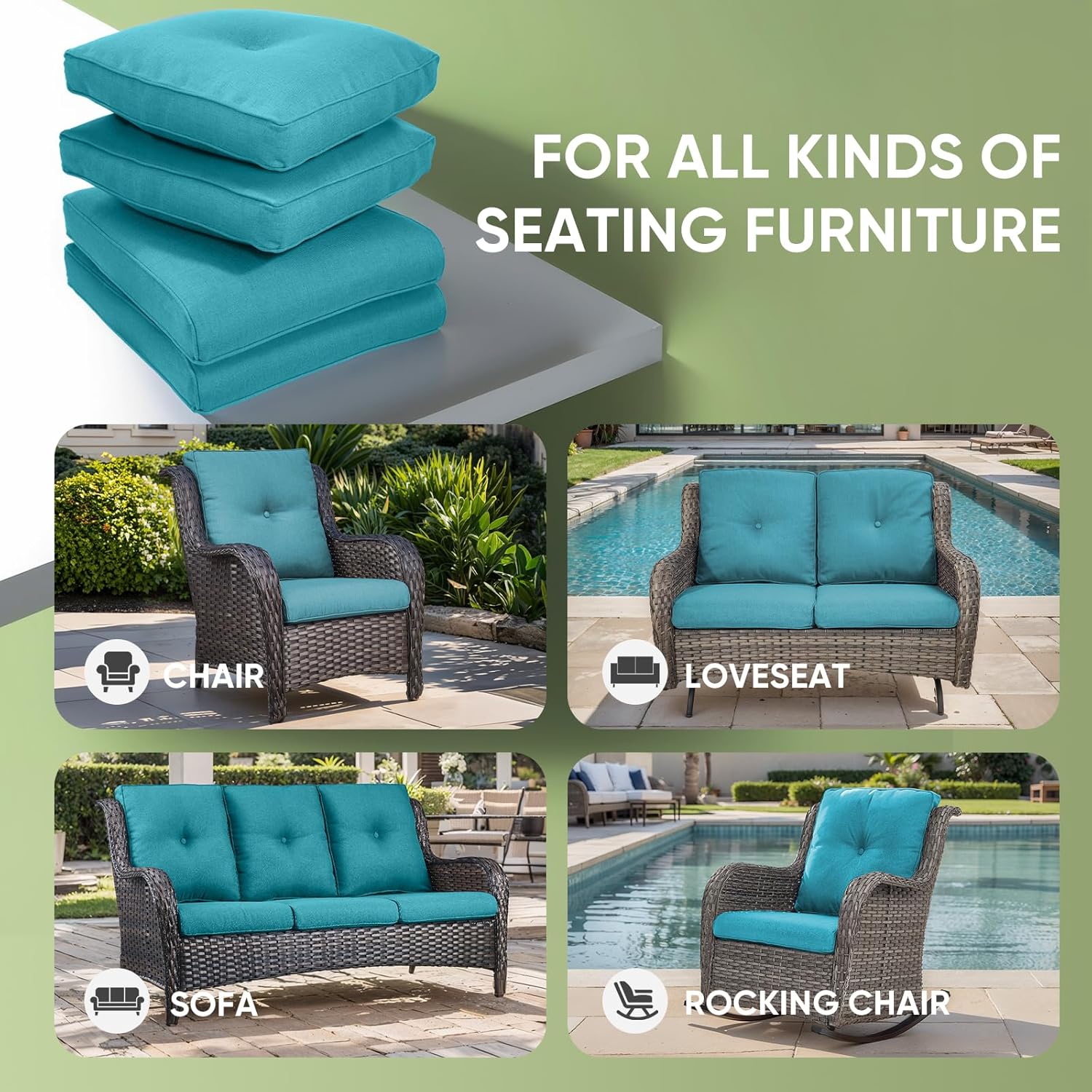 Outdoor Chair Cushion Set of 3, Waterproof Outdoor Seat Cushions 25x22 , Patio Chair Cushions for Outdoor Furniture, Couch Cushion Replacement, Include 3 Back & 3 Seat Cushions, Button/CyanBlue