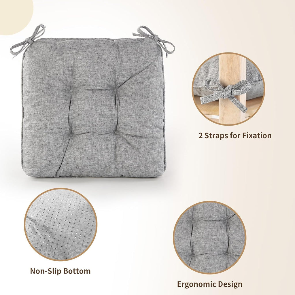 Chair Cushions for Dining Chairs, Tufted Foam Kitchen Chair, Non-Slip Seat Cushions with Ties Set of 4, 15.5" x 15.5" x 4", Grey