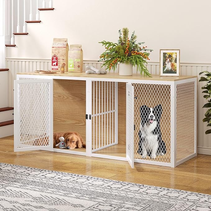 71.6 Inch Dog Crate Furniture for 2 Dogs, XXL Double Cage with Removable Divider & Large Doors, Heavy Duty Wooden Dog Kennel, Indoor Pet House (Light Oak, 71.6x31.9x22.4'')