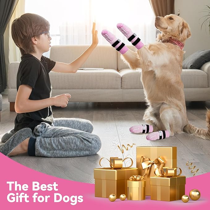 Non Slip Dog Socks to Prevent Licking Paws - for Hardwood Floors Anti Slip - Grippy Socks for Senior Dog - Double Elastic Reflective Straps Prevent Scratching for Hot Pavement. (Pink, XS)