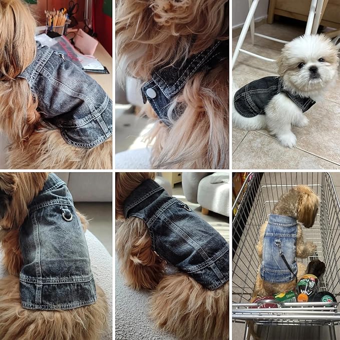 Puppy Clothes for Small Dogs Boy,Classic Western Denim Dog Coat,Dog Jeans Jacket with Leash D-Ring,Pet Cat Costumes,Cooling Harness Vest for Walking (Black, Small)