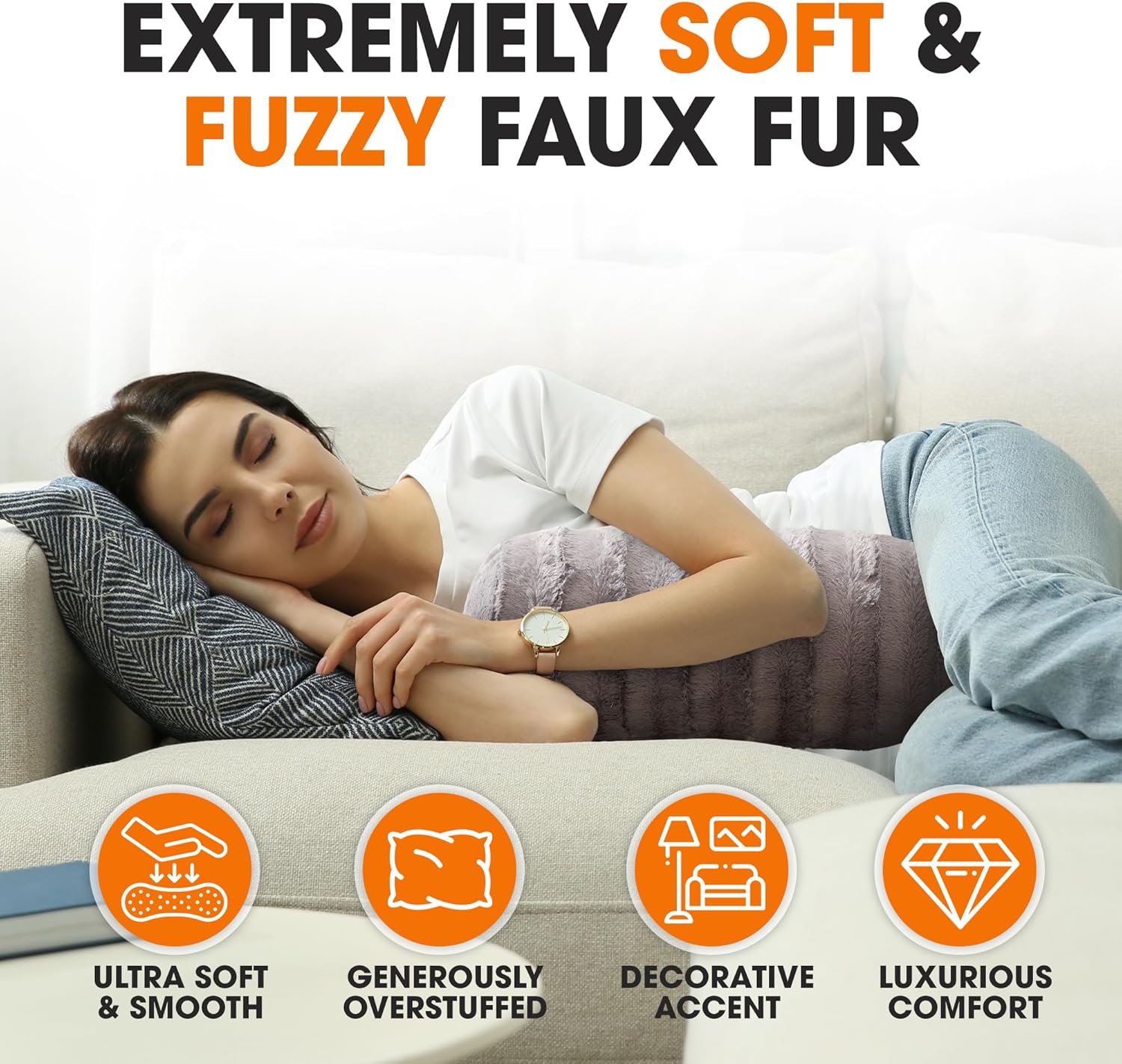 Cheer Collection Faux Fur Bolster Pillows – Soft Decorative Cylinder Pillows for Bed or Couch, Machine Washable – 8” x 24”, Set of 2, Gray