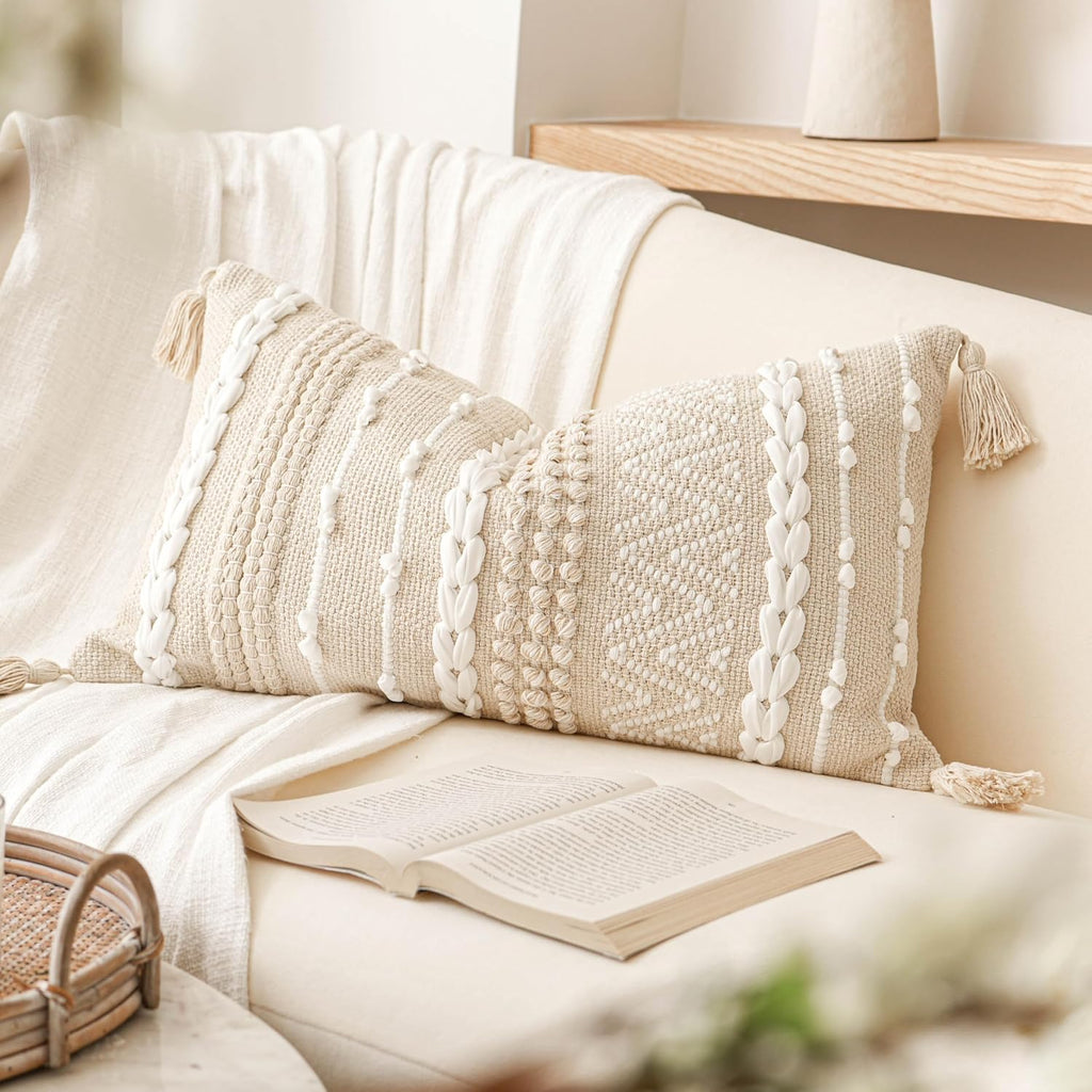 BlissBlush Decorative Lumbar Pillow Cover 14x24, Cream White Boho Accent Throw Pillow Case for Couch Sofa Bed, Modern Farmhouse Textured Lumbar Cushion Bedroom Living Room, Cover ONLY
