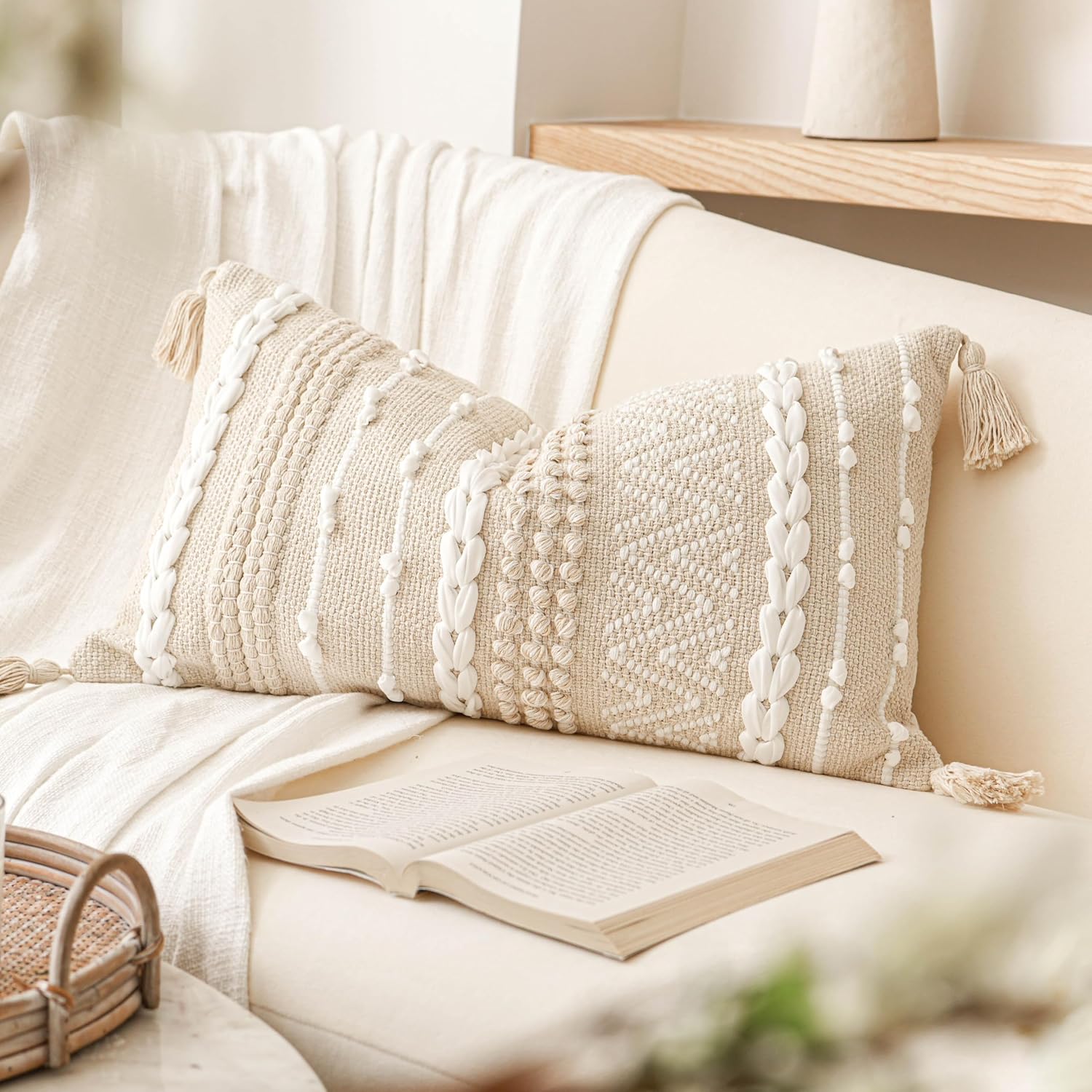 BlissBlush Decorative Lumbar Pillow Cover 14x24, Cream White Boho Accent Throw Pillow Case for Couch Sofa Bed, Modern Farmhouse Textured Lumbar Cushion Bedroom Living Room, Cover ONLY