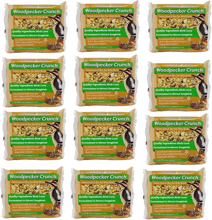Songbird Treats Seed Bars | 12 Pack of 8 oz Bird Seed Cakes for Wild Birds (Woodpecker Crunch)