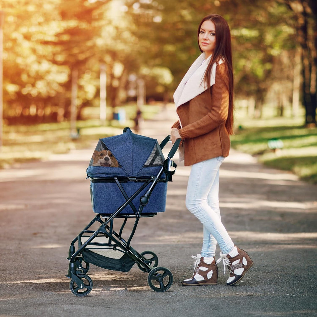 3 in 1 Dog Stroller, Lightweight Foldable Pet Strollers, 4 Wheels Dog Cat Stroller with Removable Travel Carrier, No-Zip Canopy, Cup Holder, Large Storage Basket for Small/Medium Pet - Blue