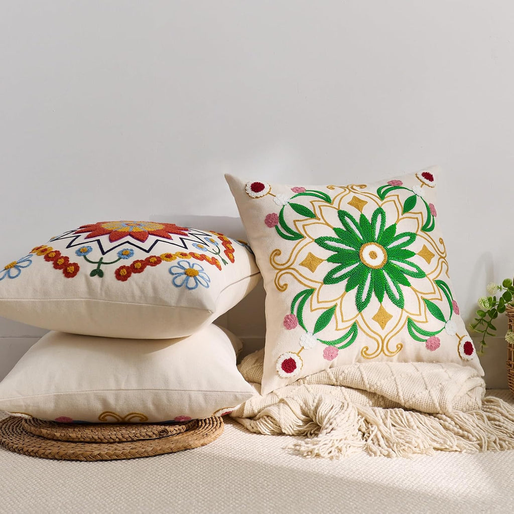 Embroidered Throw Pillow Cover 18x18 Christmas Boho Floral Pattern Pillows Cover Outdoor Decorative Pillowcase,Durable Cozy Textured Cushion Case for Sofa Couch Bed Living Room,Green Yellow