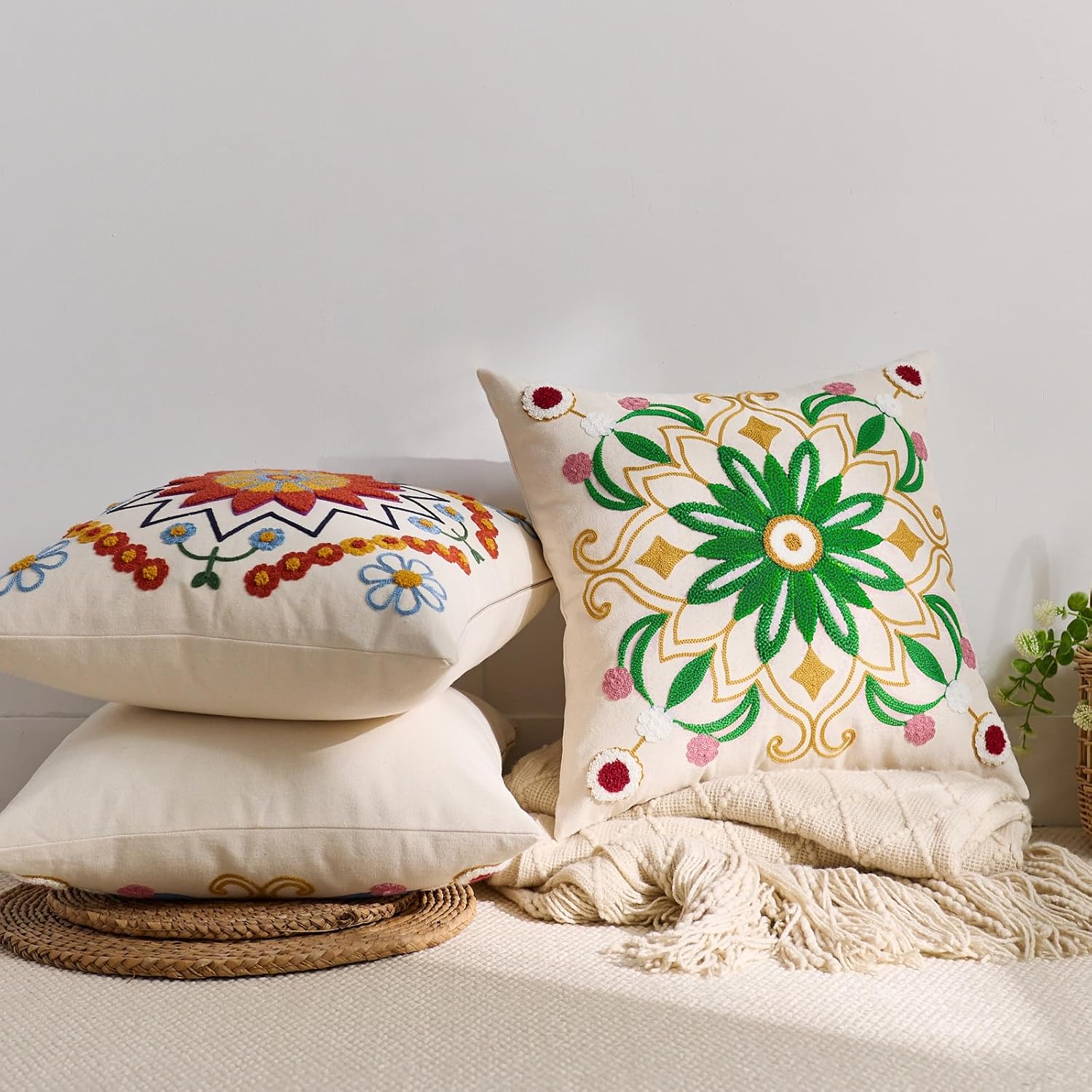 Embroidered Throw Pillow Cover 18x18 Christmas Boho Floral Pattern Pillows Cover Outdoor Decorative Pillowcase,Durable Cozy Textured Cushion Case for Sofa Couch Bed Living Room,Green Yellow