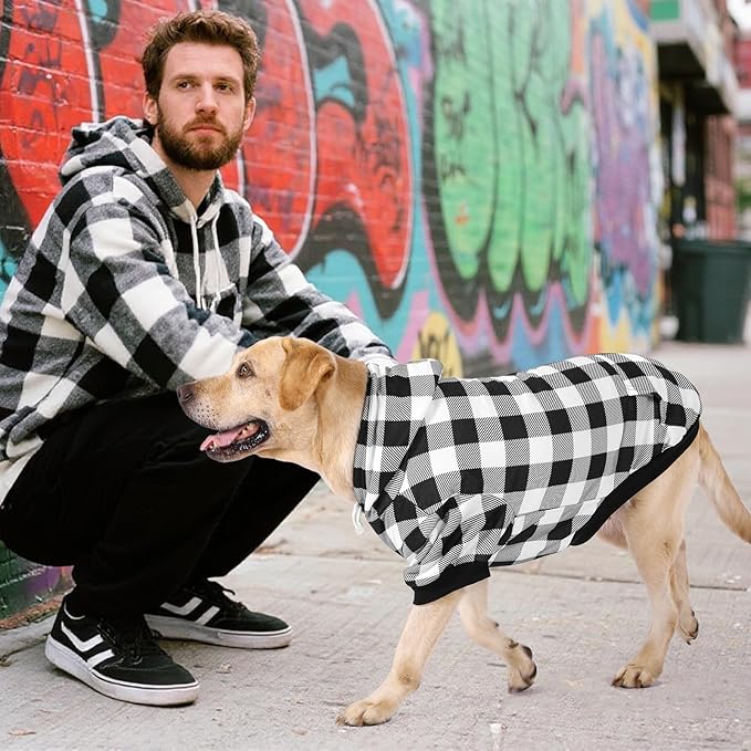 KOOLTAIL Plaid Dog Hoodie Pet Clothes Sweater with Hat and Pocket for Small Medium Large Size Dogs, Soft Winter Warm Dog Cold Weather Coat, Fleece Fall Dog Hooded Sweatshirt for Puppy Cats, White XL