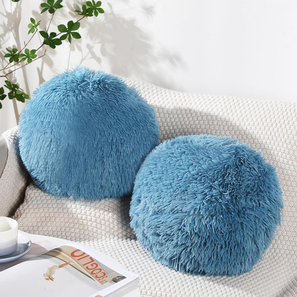 2 Pack Plush Round Ball Throw Pillow 10 Inch Nordic Soft Boucle Pillows Spherical Fuzzy Pillows Circle for Couch Sofa Bed Bedroom Living Room Office School Chair Decorations(Blue)