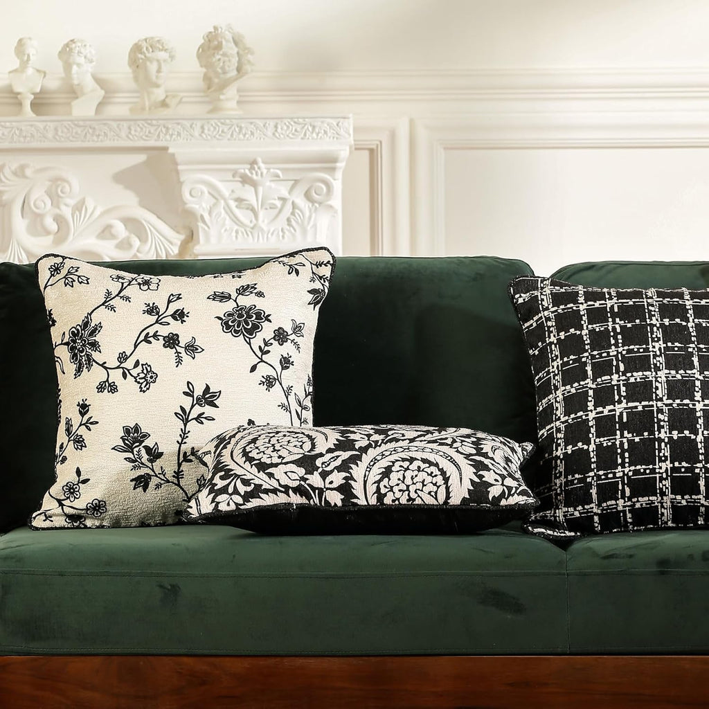 Farmhouse Throw Pillow Covers,Classic Black and White Floral Elegant French Linen Pillowcases,Decorative Square Pillow Covers Cushion Covers for Couch Bed Sofa Chair 18x18 Inches