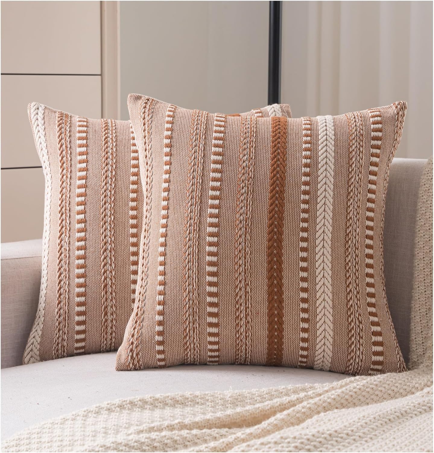 Boho Throw Pillow Covers 22x22 Inch Set of 2, Farmhouse Decorative Couch Pillow Cases, Brown Accent Pillows of Bed, Sofa Bedroom Living Room Home Decor Cushion Cover