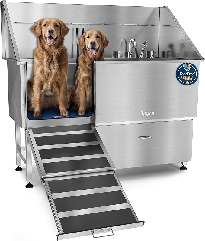 KANIS Professional Dog Washing Station - 304 Stainless Steel Pet Wash Sink & Grooming Bath Tub for Home with Ramp, Shower, Floor Grate, Storage Drawer, Faucet, Drain Kit for Large, Medium & Small Pets