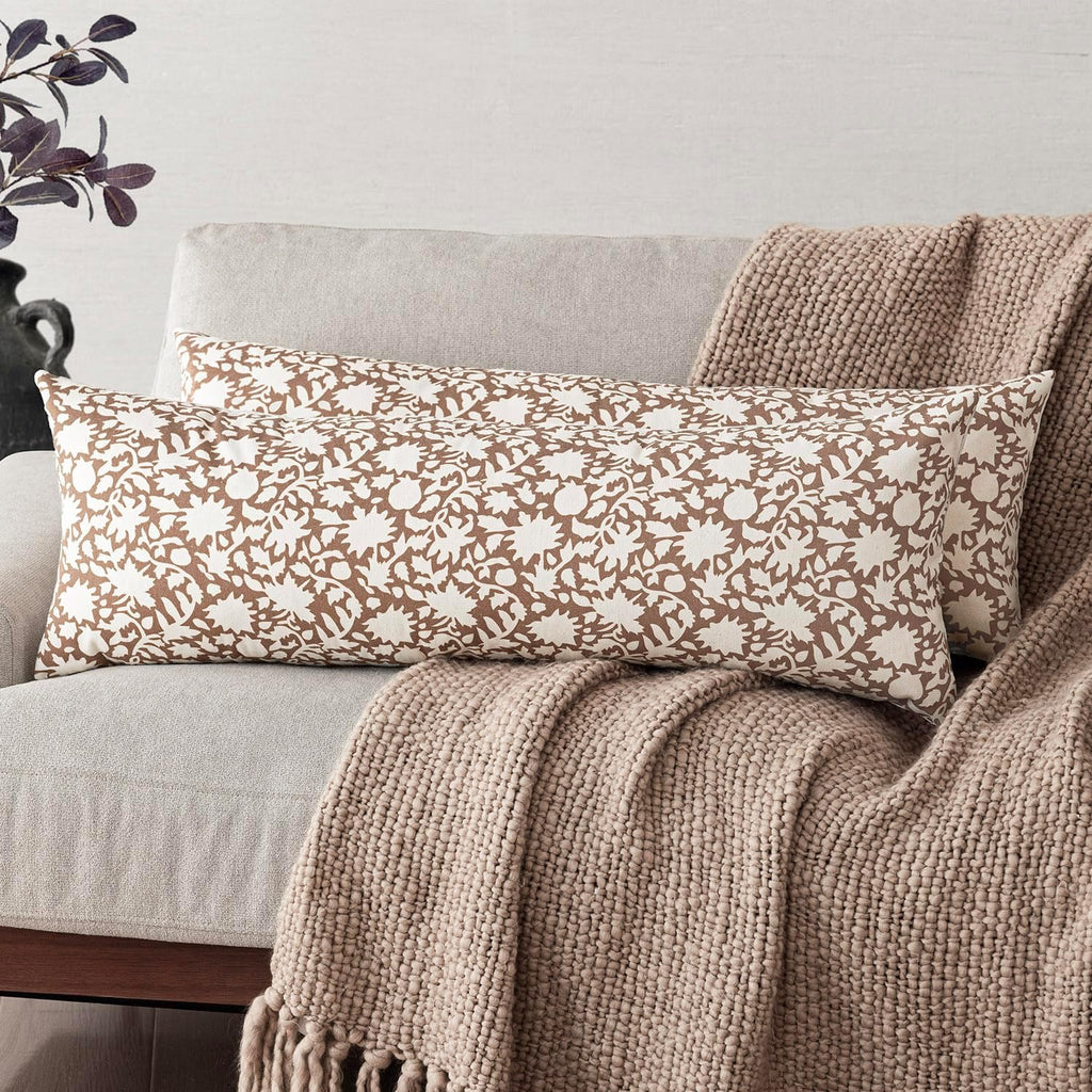 Foindtower Set of 2 Decorative Long Body Lumbar Throw Pillow Covers Accent Farmhouse Cushion Covers Boho Pillowcase for Couch Sofa Bedroom Living Room Home Decor,14×36 Inch,Light Orange Brown