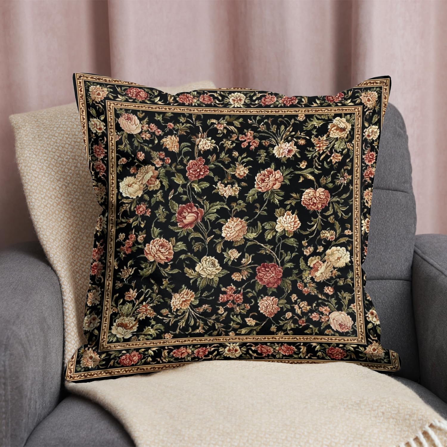 Bohemian Pillow Covers | Vintage Floral & Carpet Design | Double Sided Blue White Decorative Pillowcases for Couch, Bed | Indoor Outdoor Boho Home Decor (Black, 18x18inches)