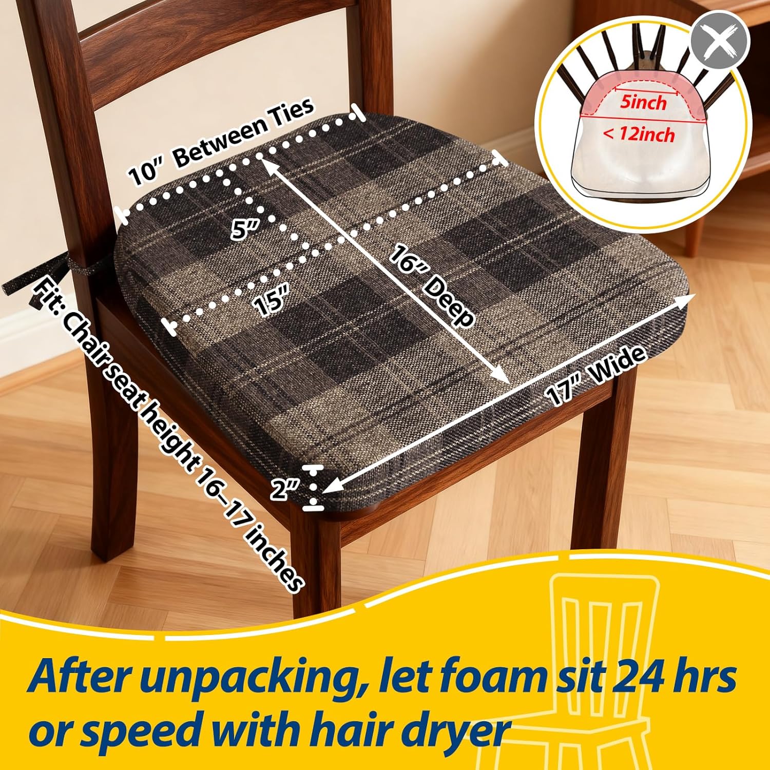 AAAAAcessories D-Shaped Chair Cushions, 2" Thick Dining Chair Pads with Ties and Removable, Machine-Washable Cover, 17" x 16", Set of 6, Brown Checkered