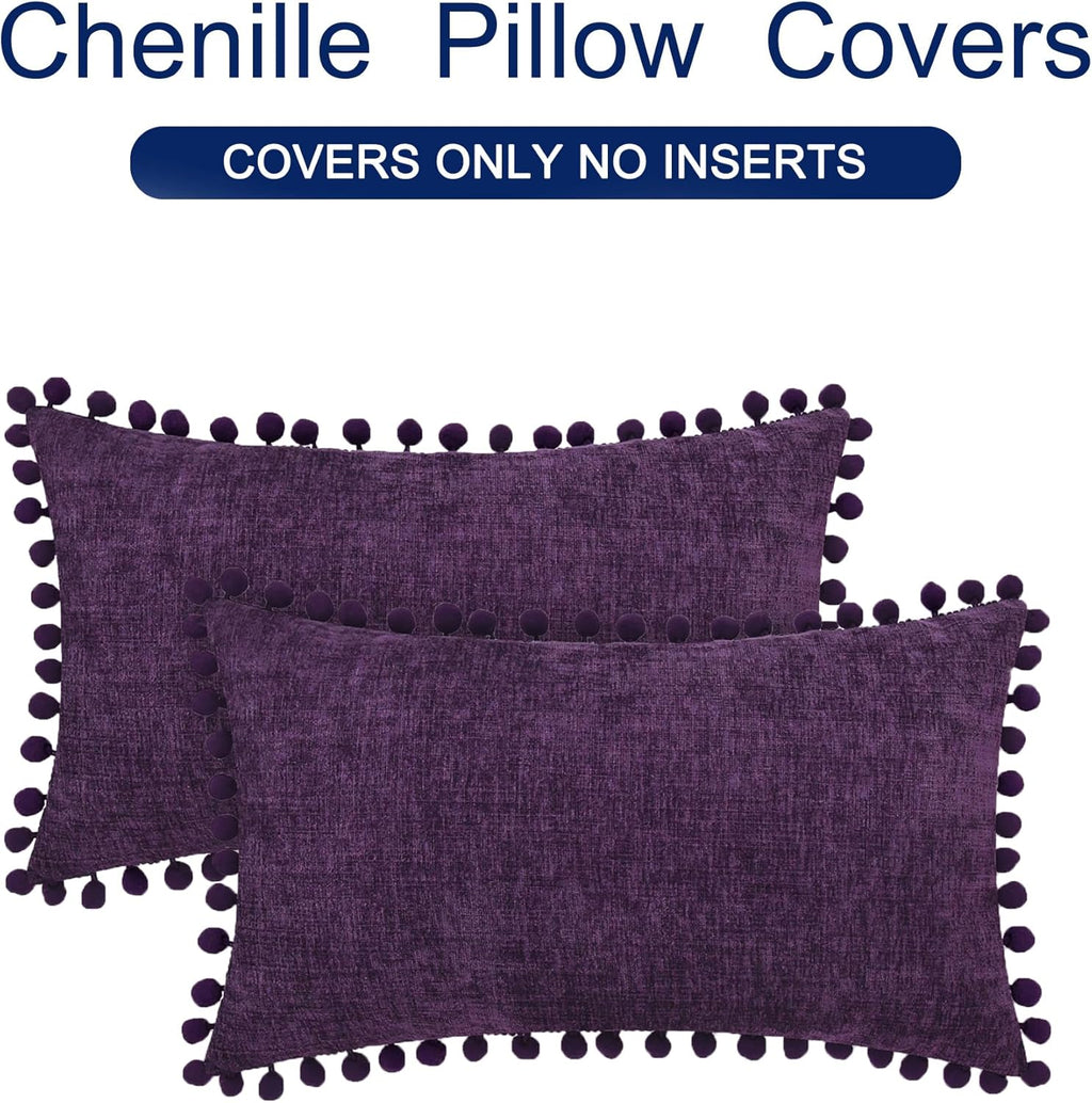 CaliTime Throw Pillow Covers Decorative 20 X 12 Inches Pack of 2 Cozy Solid Dyed Soft Chenille Cushion Cases with Pom Poms for Couch Sofa Bed Living Room Home Plum Purple