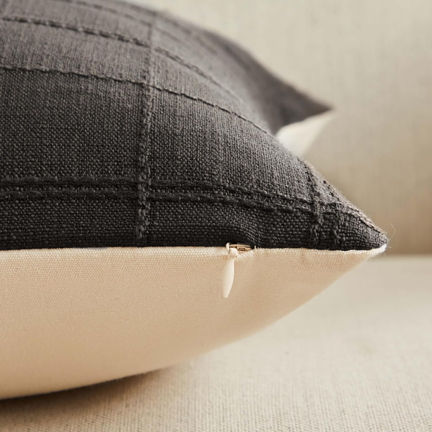 ZeeMart Linen Checked Lumbar Throw Pillow Covers Set of 2, 12x20 Inch Charcoal/Cream, Farmhouse Decorative Single Sided Grid Embroidered Couch Pillow Cases Dark Grey Cotton Linen Cushion Covers
