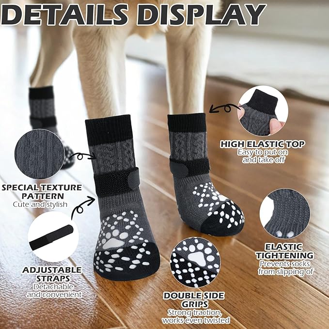 EXPAWLORER Dog Socks for Hot Pavement to Prevent Licking Paws, Non Slip Doggie Grippy Booties Shoes for Hardwood Floors, Boots & Paw Protectors for Small Medium Large Senior Dogs Twists Grey S