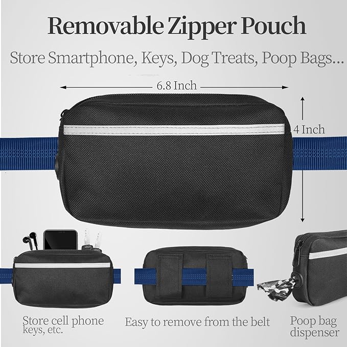 iYoShop Hands Free Dog Leash with Zipper Pouch, Dual Padded Handles and Durable Bungee for Walking, Jogging and Running Your Dog (Large, 25-120 lbs, True Navy)