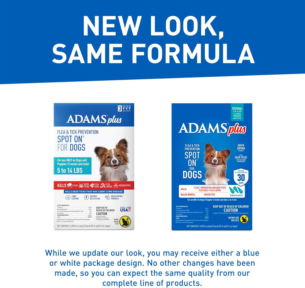 Adams Plus Flea & Tick Prevention Spot On for Dogs 5-14 Pounds, 3-Month Supply, Kills Fleas, Flea Eggs, Flea Larvae, Brown Dog & Deer Ticks, Kills and Repels Mosquitoes For 30 Days, Central Brands