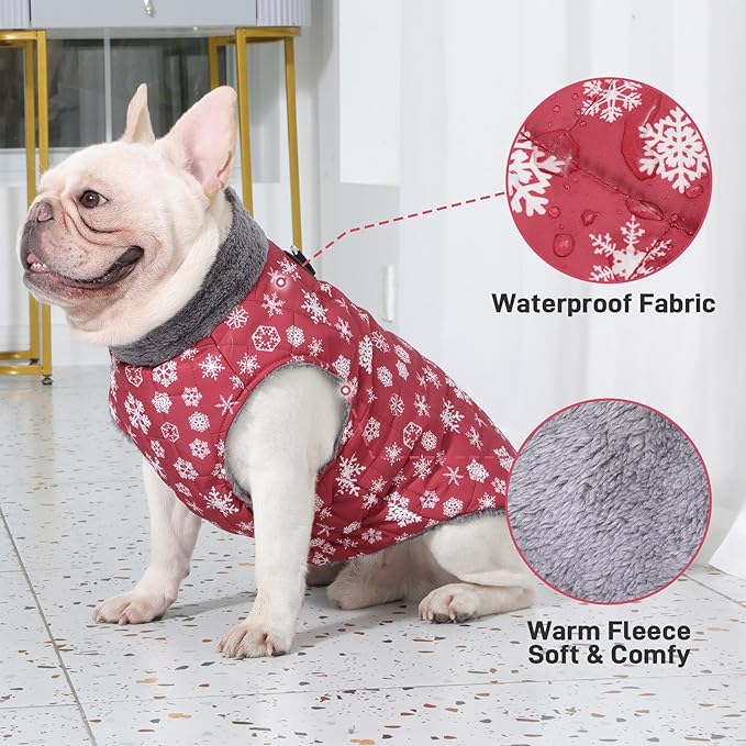 Warm Fleece Dog Coats with Durable Harness Buitl in D-Ring,Waterproof Doggie Jacket for Medium Dogs,Dog Vest for Cold Winter,Red,Snow Pattern L