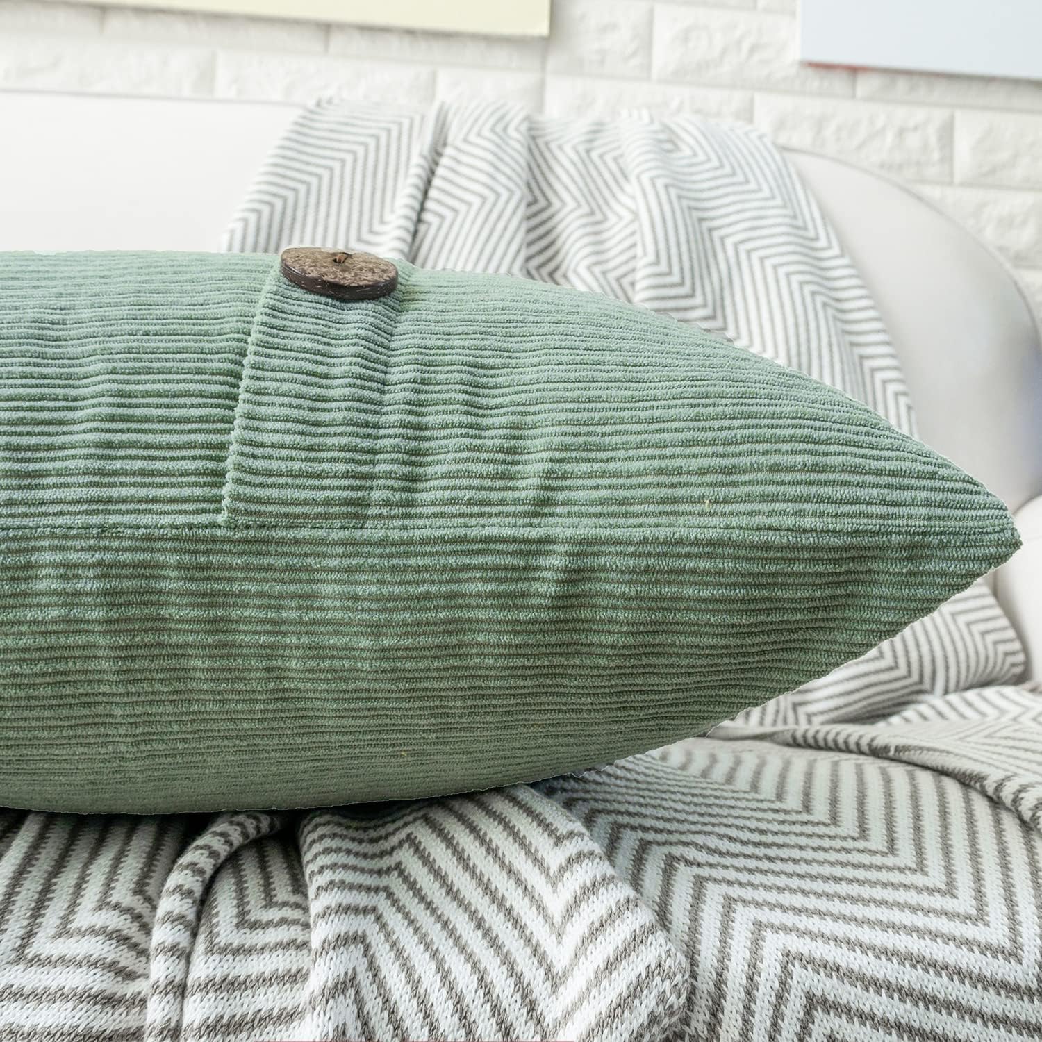 HWY 50 Sage Green Chenille Throw Pillow Covers 12x20 Inch with Triple Buttons, Soft Spring Farmhouse Accent Decorative Cushion Cases for Couch Sofa Bed Living Room Pack of 2 Rectangle