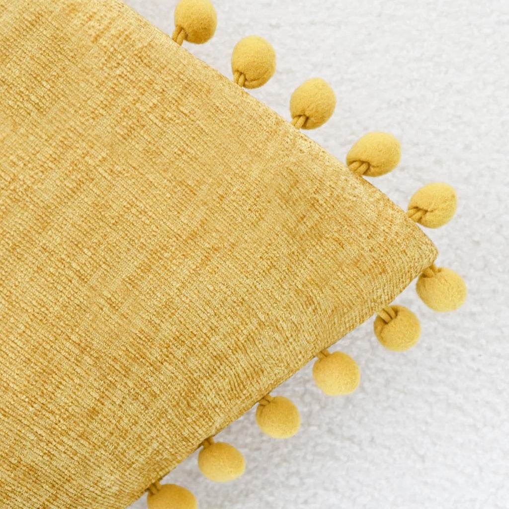 CaliTime Throw Pillow Covers Decorative 16 X 16 Inches Pack of 2 Cozy Solid Dyed Soft Chenille Cushion Cases with Pom Poms for Couch Sofa Bed Living Room Home Gold