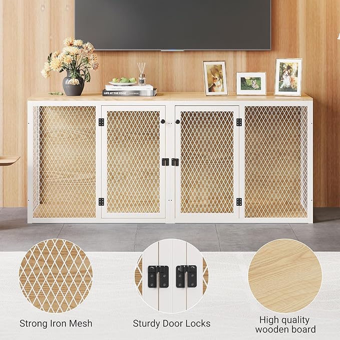 71.6 Inch Dog Crate Furniture for 2 Dogs, XXL Double Cage with Removable Divider & Large Doors, Heavy Duty Wooden Dog Kennel, Indoor Pet House (Light Oak, 71.6x31.9x22.4'')