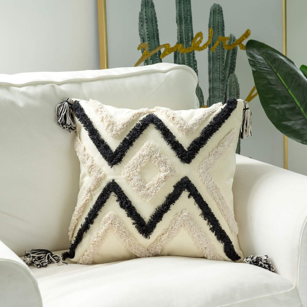 Woven Tufted Boho Throw Pillow Cover, Modern Decorative Geometric Chevron Striped Cushion with Tassels, Farmhouse Tribal Pillowcases for Couch Sofa Bedroom Living Room, 18 x 18 Inches, Black, Ivory